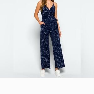 Kaileigh Navy Polka Dot Spaghetti-Strap Wide-Leg Jumpsuit